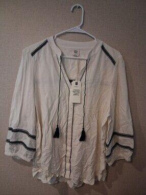 Good Hart Women's White Embroidered Tassel Tunic Top Sz L New